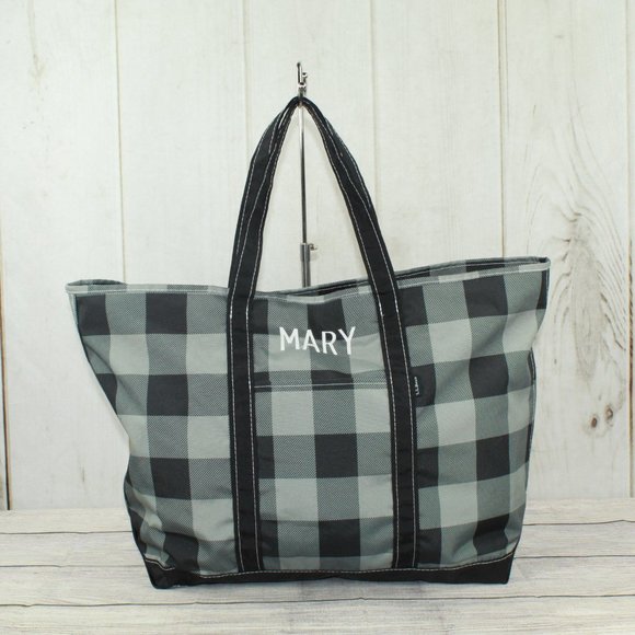 LL Bean Boat & Tote Plaid Gray Polyester Zip-Top Embroidery "Mary" Tote Bag - Picture 2 of 11